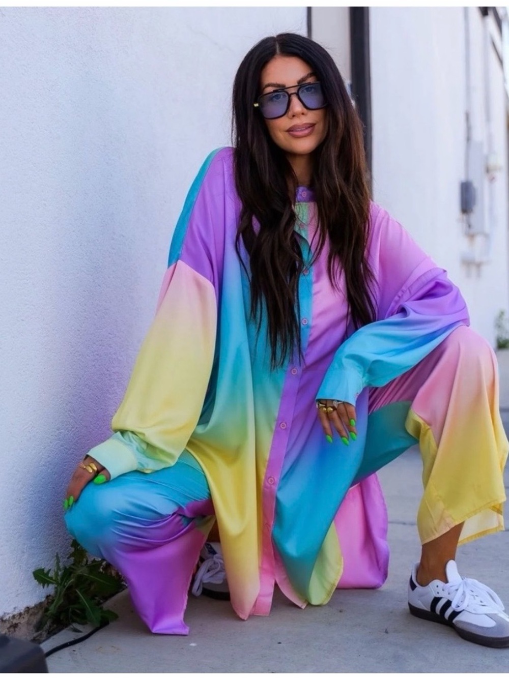 dressed in Lala set Vibrant Pastel Rainbow Satin Button-Up Set